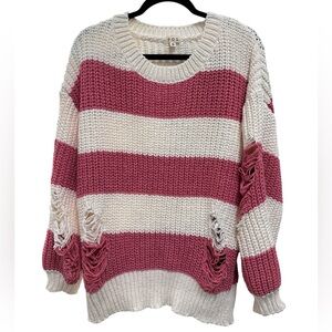 POL Distressed Pink and Cream Striped Sweater